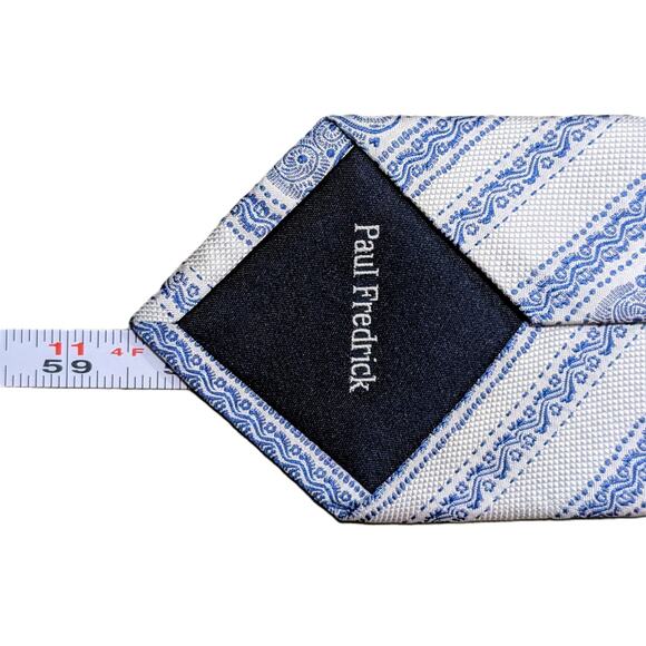 Paul Fredrick Silk Tie Paisley Geometric Stripe Textured Traditional Ivory Blue - Picture 8 of 8